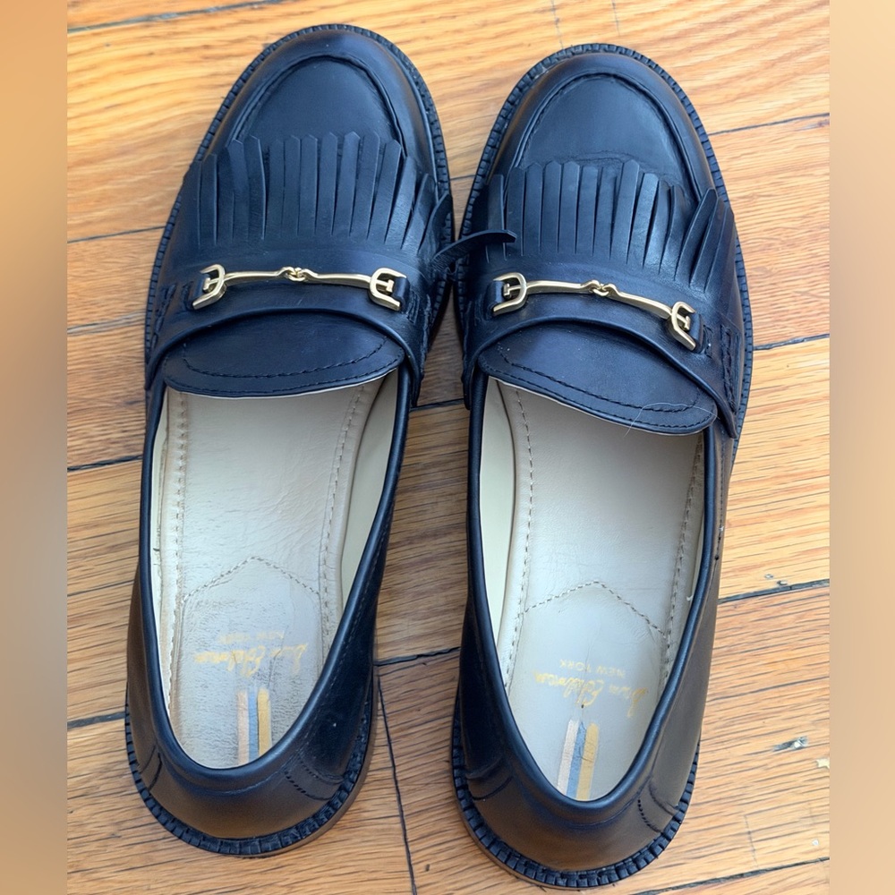Sam Edelman Black Leather Kiltie Loafers with Gold Bit